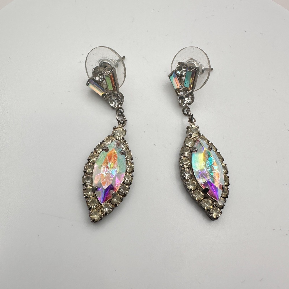 Vintage 90s Silver Tone Glass Aurora Borealis Marquise Dangle Earrings Jewelry